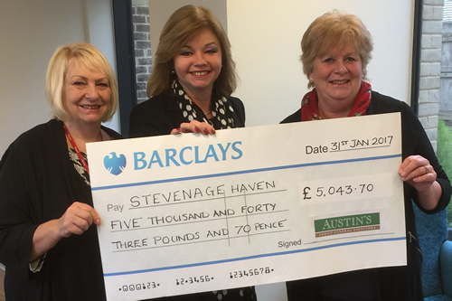 Charity cheque presentation to Stevenage Haven in 2017